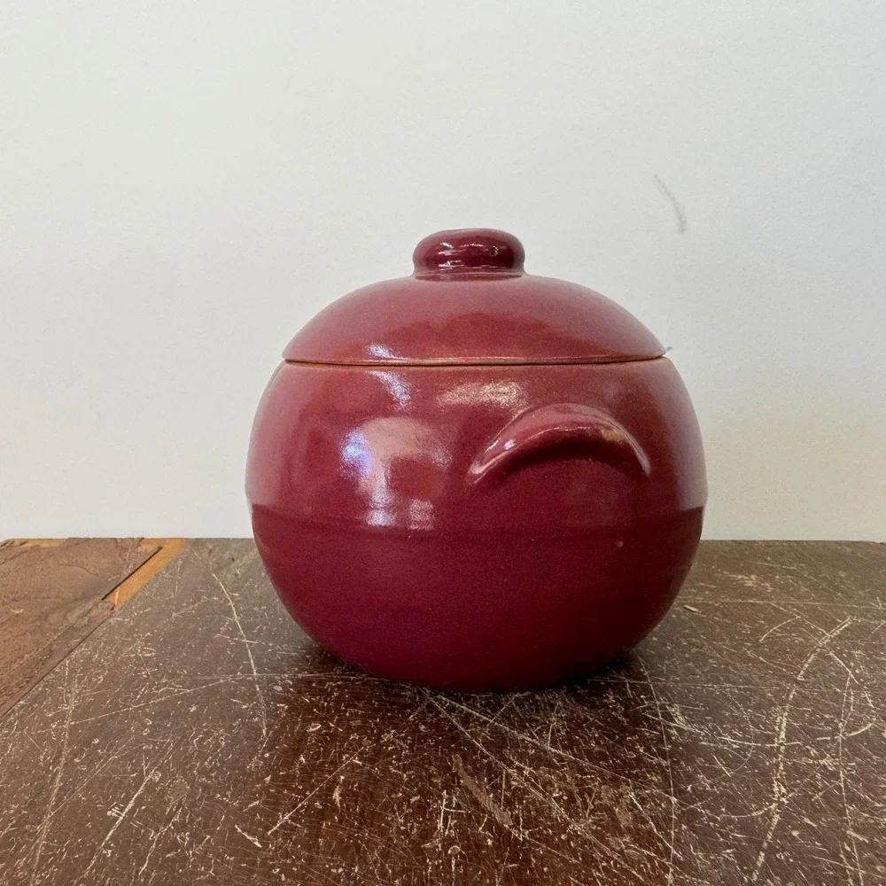 Uhl Pottery Co. Crock Stoneware Grease Drip‎ Burgundy Glaze Ceramic Lid Vintage